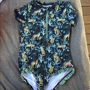 Ruffle Butts Kids Swim One Piece - Black and Gold Jungle Print